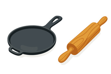 Dark cast iron pan and light wooden rolling pin kitchen equipment set