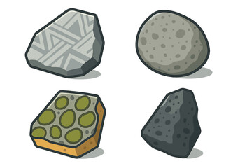 Stylized set of four space rocks representing various meteorite classifications