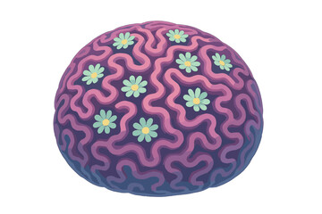 Abstract purple sphere with convoluted surface texture and small daisy flowers