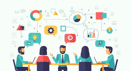 A diverse team of professionals collaborates around a table, brainstorming ideas with visual aids and charts.
