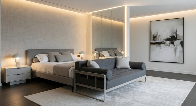 Contemporary interior with a sleek bed and structured dewan aligned near a tall mirror panel, subtle lighting, textured surfaces, and crisp HD realism