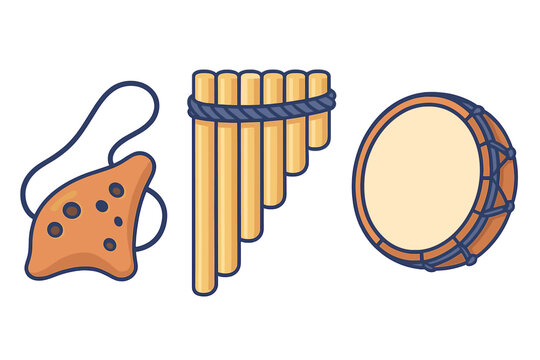 Set of traditional folk musical instruments including ocarina, panpipes, and frame drum
