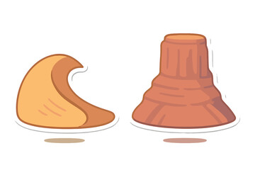 Stylized desert scene elements featuring a sand dune and towering mesa rock