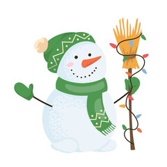 Festive snowman in green scarf holding decorated broom with glowing lights. Whimsical winter character for Christmas graphics, children's projects, cards and design Holiday flat vector illustration