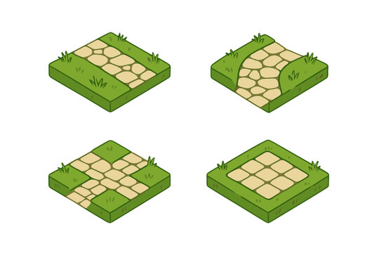 Isometric stone path tiles set for game design including straight, curved, and intersection pieces