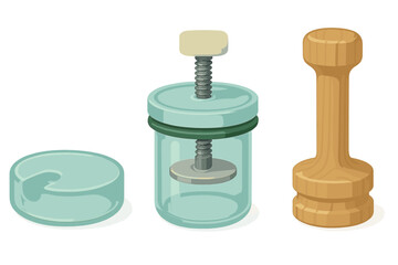 Traditional wooden butter tamper alongside a modern glass screw press for shaping dairy products