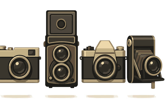 Four different vintage photography cameras representing classic film technology and retro style