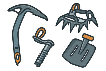 Ice axe, crampons, ice screw, and shovel set for alpine winter climbing