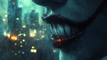 A close-up of a vampire's face, their lips parted slightly to reveal razor-sharp, glistening fangs, with the glow of a city at night visible through the window behind them.