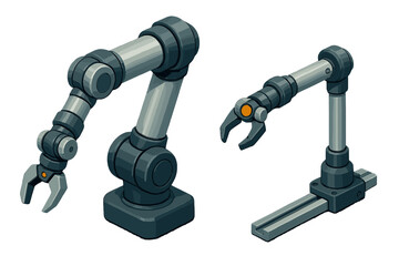 Isometric industrial robotic arms with grippers for manufacturing and automation technology