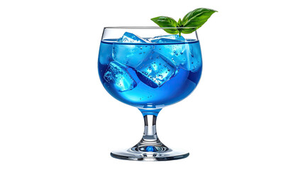 Blue drink with ice cubes in goblet, basil garnish on black