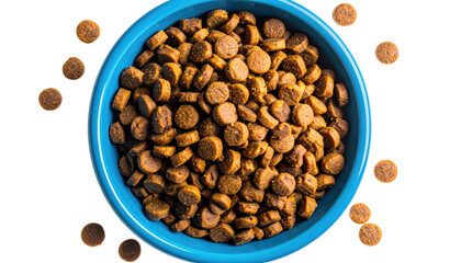 Blue bowl filled with brown dog food, isolated