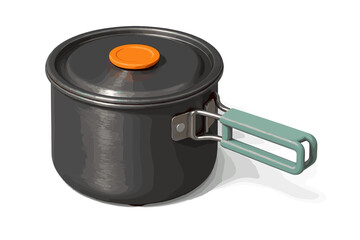 Compact outdoor cooking pot made of dark metal featuring a bright mint green handle and orange lid detail