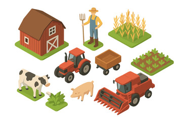 Isometric farm elements set with barn, farmer, livestock, crops, and agricultural machinery © icon_art