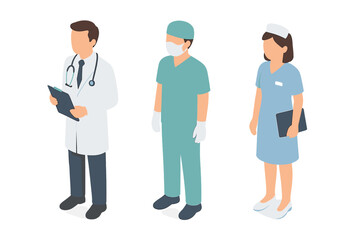 Diverse group of medical professionals including doctor surgeon and nurse standing together