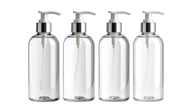 Four clear pump bottles, silver tops, against black backdrop