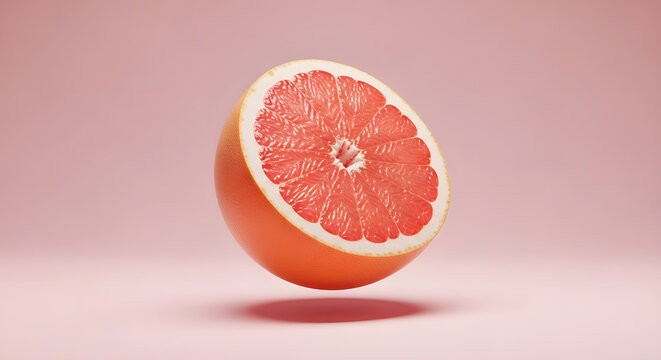 Vibrant half grapefruit suspended mid air with soft shadow on pastel pink background