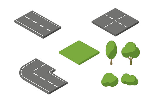 Isometric road segments, grass tile, and trees for city map construction and game assets