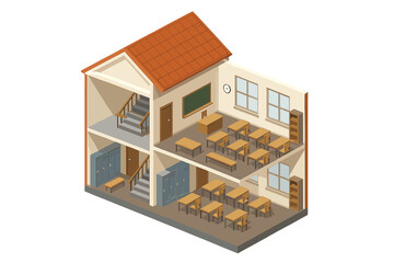 Isometric cross-section of a two-story school building showing classrooms, stairs, and lockers
