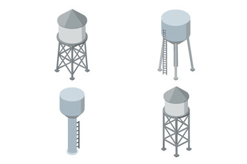 Isometric collection of elevated water towers and storage tanks for municipal infrastructure