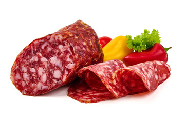 Salami slices with peppers, isolated on white background