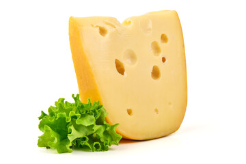 Wedge of Swiss Cheese with Lettuce, isolated on white background