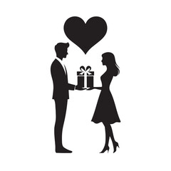 Couple exchanging a gift silhouette