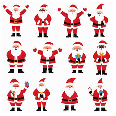 Collection of Happy Santa Claus Figures in Various Poses and Actions, Holding Gifts and Candy Canes, Representing Christmas, Holiday Cheer, and Festive Celebration