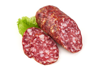 Smoked Sausage with Lettuce, isolated on white background
