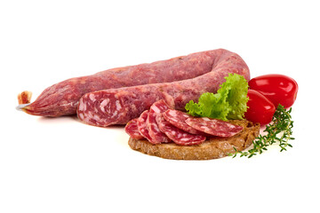 Salami on Bread with Tomato and Thyme, isolated on white background