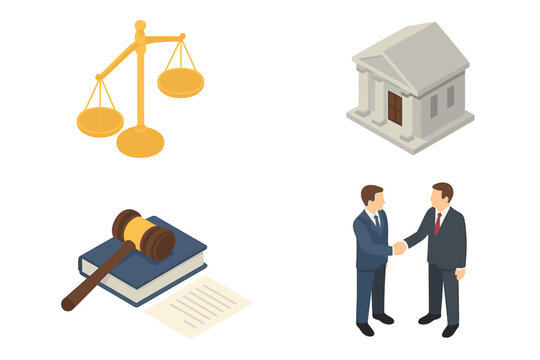 Isometric set of legal and business icons: scales of justice, courthouse, gavel, and handshake agreement