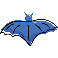 Stylized Blue Bat Silhouette with Outstretched Wings on a Transparent Background Simple Graphic Illustration