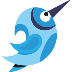 Stylized blue bird illustration with sharp beak and curved wing isolated on white background