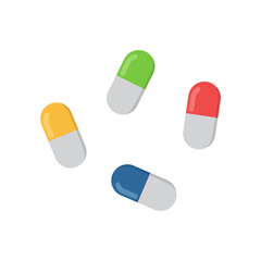 A collection of isolated illustrations of yellow, red, blue, and green capsules for advertising pamphlets, flyers, and educational materials on healthcare and hospital themes.