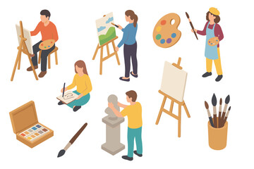 Artists painting, drawing, and sculpting figures with various art supplies and tools