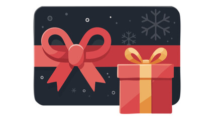 Festive Gift Card With Ribbon Bow And Present On Snowflake Background