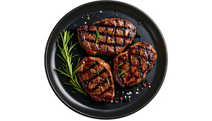 Three grilled steaks with rosemary on black plate