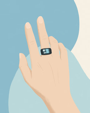 Hand wearing smart ring fitness tracker displaying health data