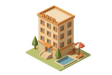 Isometric view of modern multi-story hotel with outdoor swimming pool and leisure area
