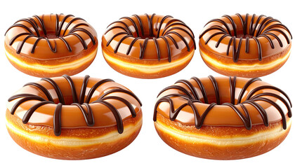 Five caramel-glazed donuts, some drizzled with chocolate frosting