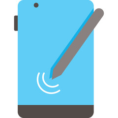Stylized blue digital drawing tablet with gray stylus and white signal waves on a transparent background vector illustration