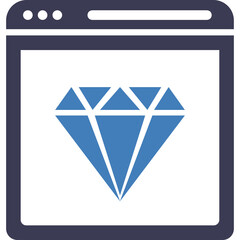 Stylized blue diamond icon with facets displayed within a dark blue web browser window outline on a clean white background representing digital asset or value