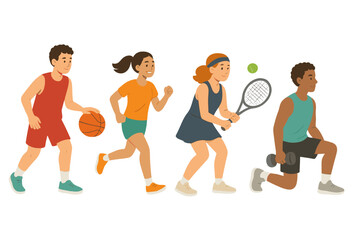 Diverse young people engaging in various sports and fitness activities