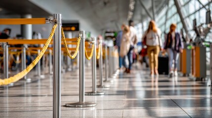 Stanchions with yellow ropes line a modern airport terminal walkway with blurred travelers walking