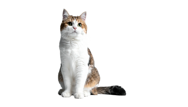 Sitting cat, white, brown, and black on black