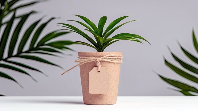 A small green plant in a terracotta pot with a blank tag and twine, set against a soft gray background with blurred palm fronds.