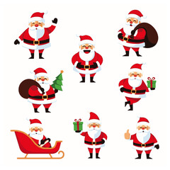 Collection of Happy Santa Claus Figures in Various Poses and Actions, Holding Gifts and Candy Canes, Representing Christmas, Holiday Cheer, and Festive Celebration