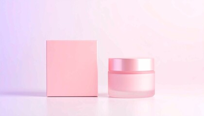 Minimalist pink cosmetic cream jar and blank packaging box mockup on a light purple and pink gradient background, perfect template for beauty, skincare, branding, or product presentation display
