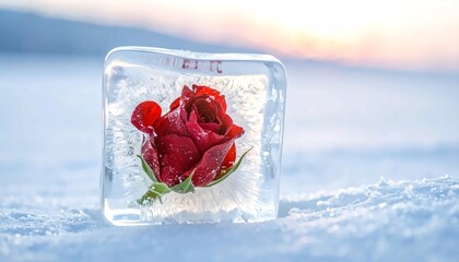 A beautiful vibrant red rose frozen inside a clear ice cube, sitting in a snow-covered winter landscape at sunset, symbolizing preservation, beauty, and the contrast of fire and ice