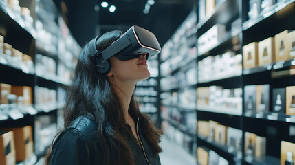 A customer receiving a virtual reality (VR) experience in a cutting-edge retail store, where they explore products in an immersive, digital environment that feels personalized to them.